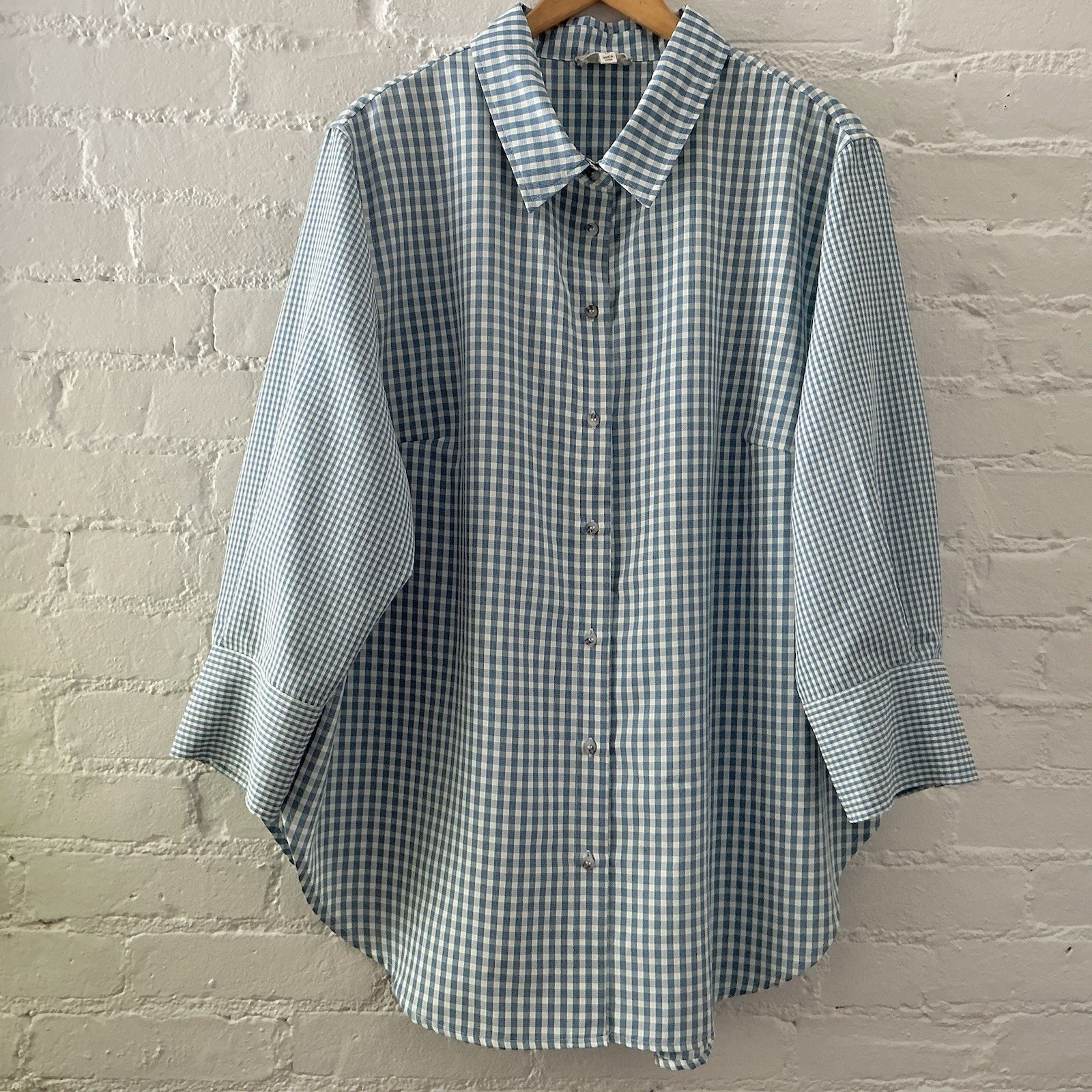 Womens Button Up Shirt Blue White Plaid Print Blouse Size 1X Teacher Casual