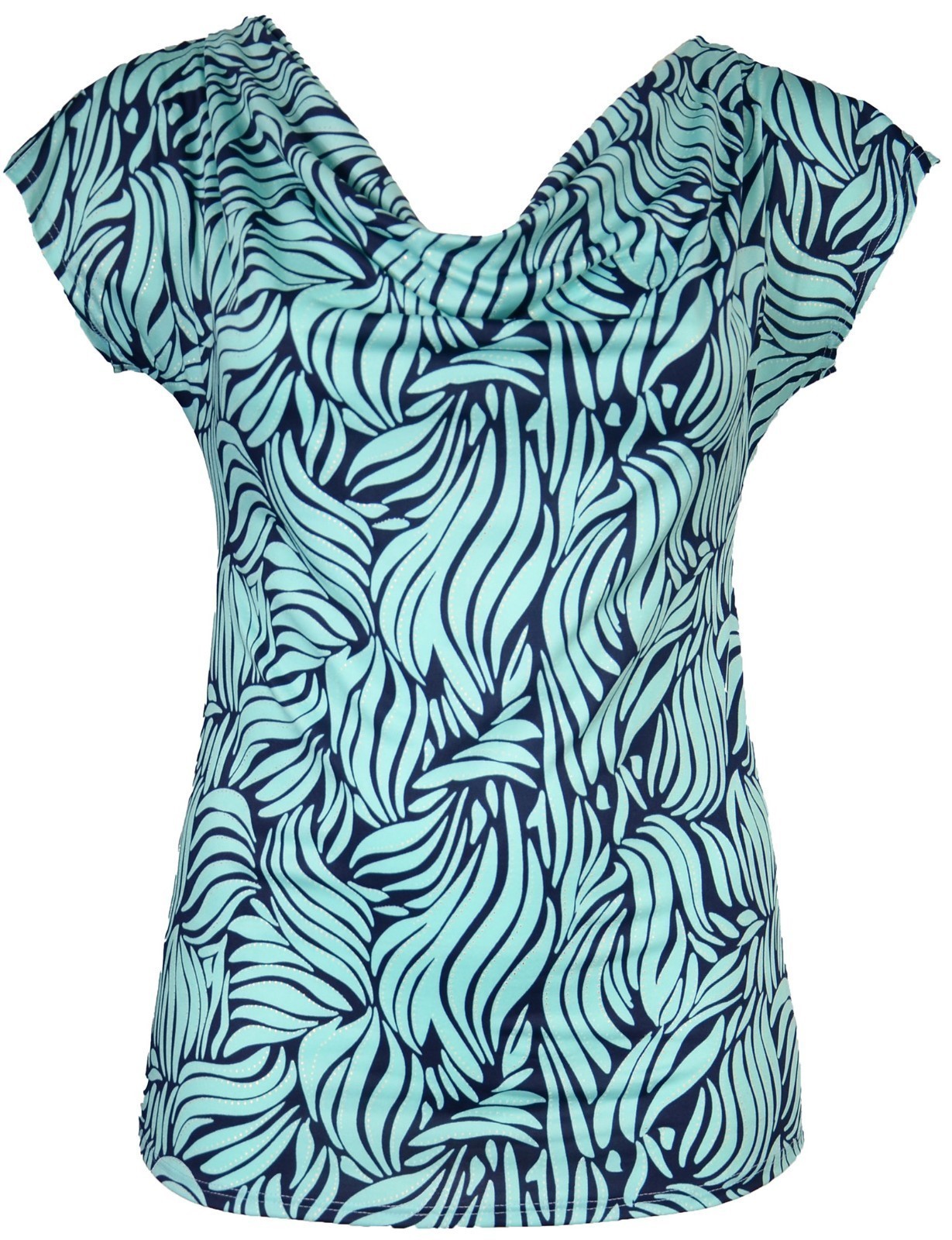Womens Top Soft Stretch Fabric Gold Polka Green Navy Cowl Neck Cap Sleeve