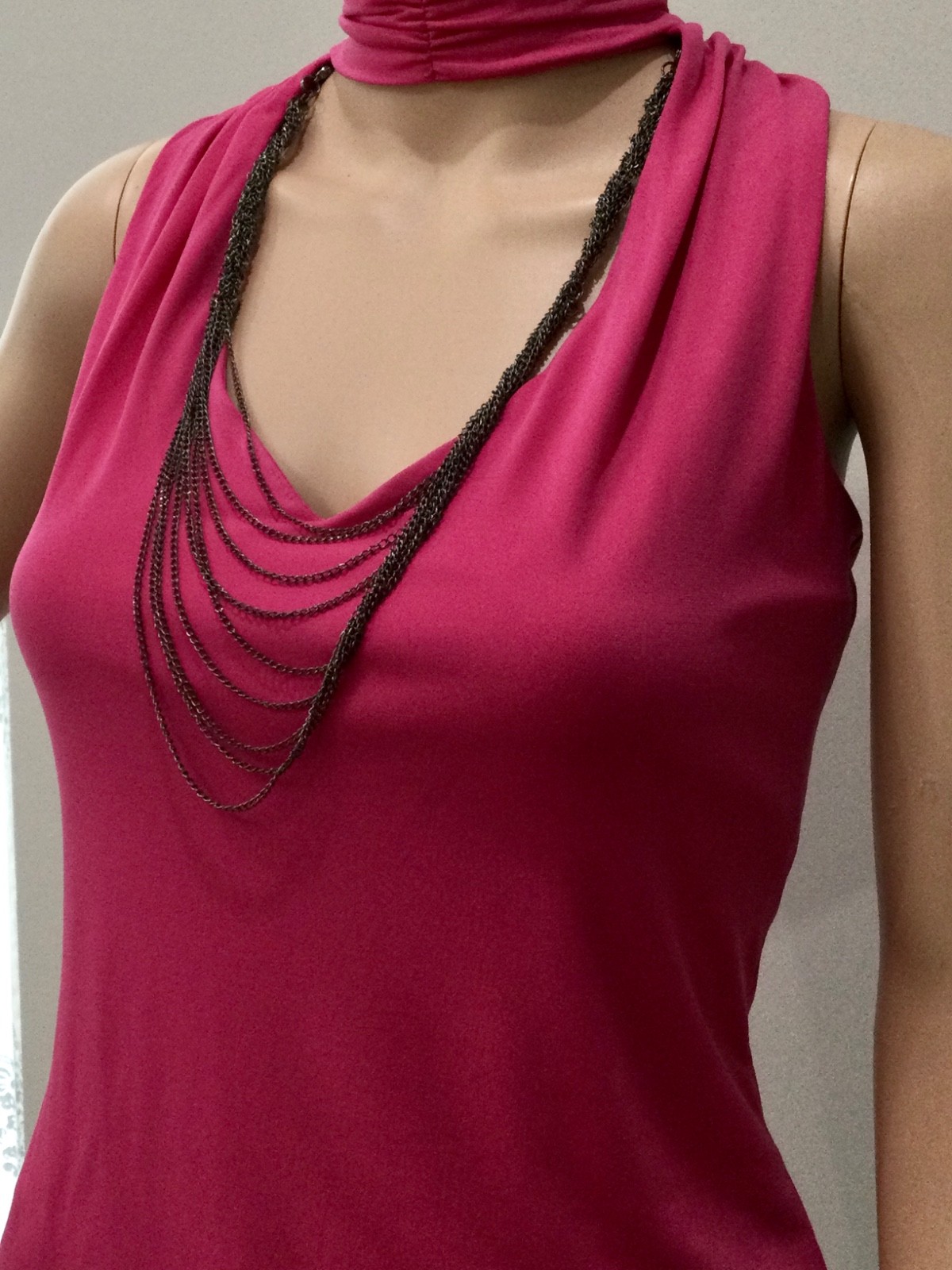 Bisou Bisou Pink Ruched Mock Neck Top Chain Detail Open Back Y2K Glam Size M