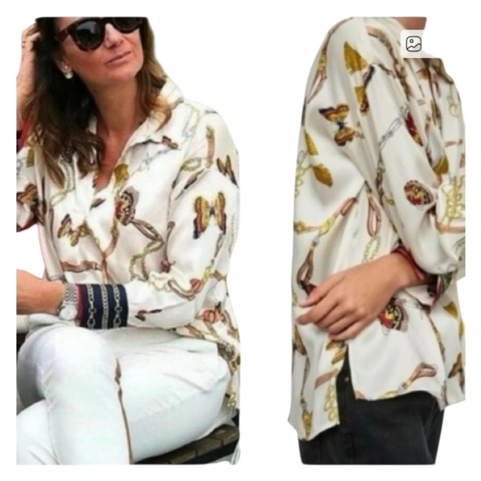 Zara Basic Women Cream Multicolor Floral Print Satin Effect Blouse Size Small