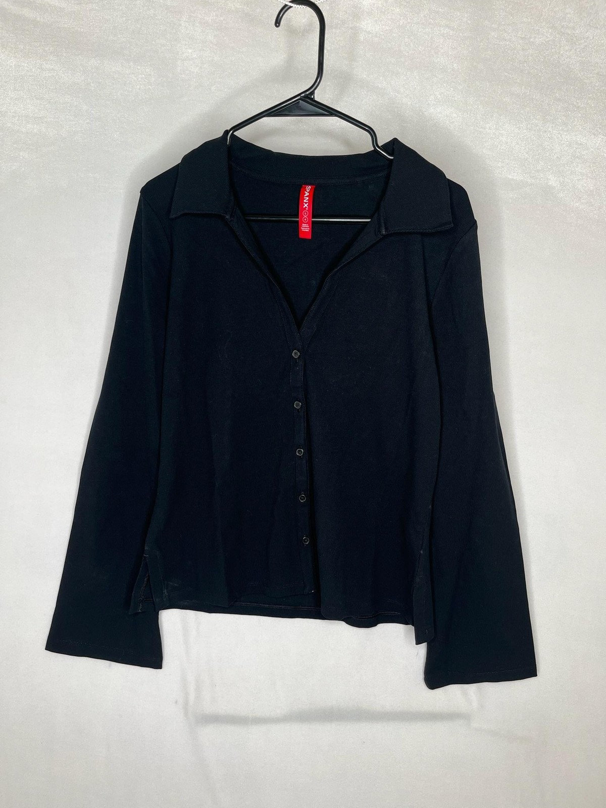 Spanx Shirt Womens Large Black Long Sleeve Ribbed Modal Button Up Stretch