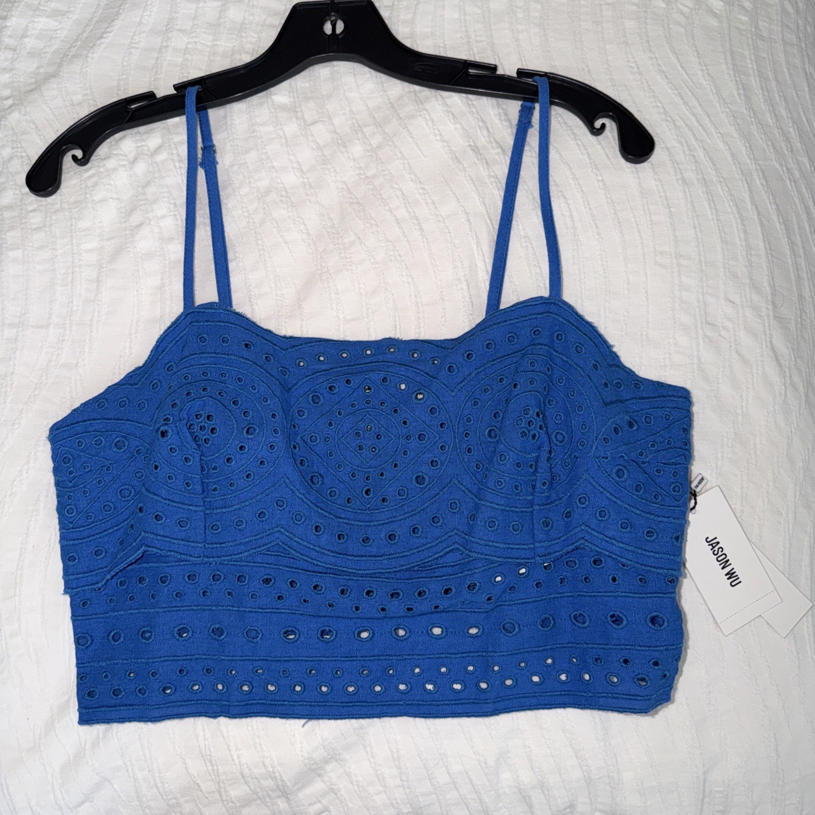 Jason Wu Linen Blend Eyelet Adjustable Spaghetti Strap Crop Top zip back NWT