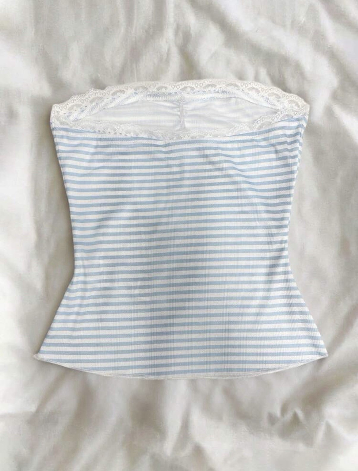 Women’s Blue/White Striped Strapless Tube Top Knit Cotton Blend Lace Bow M