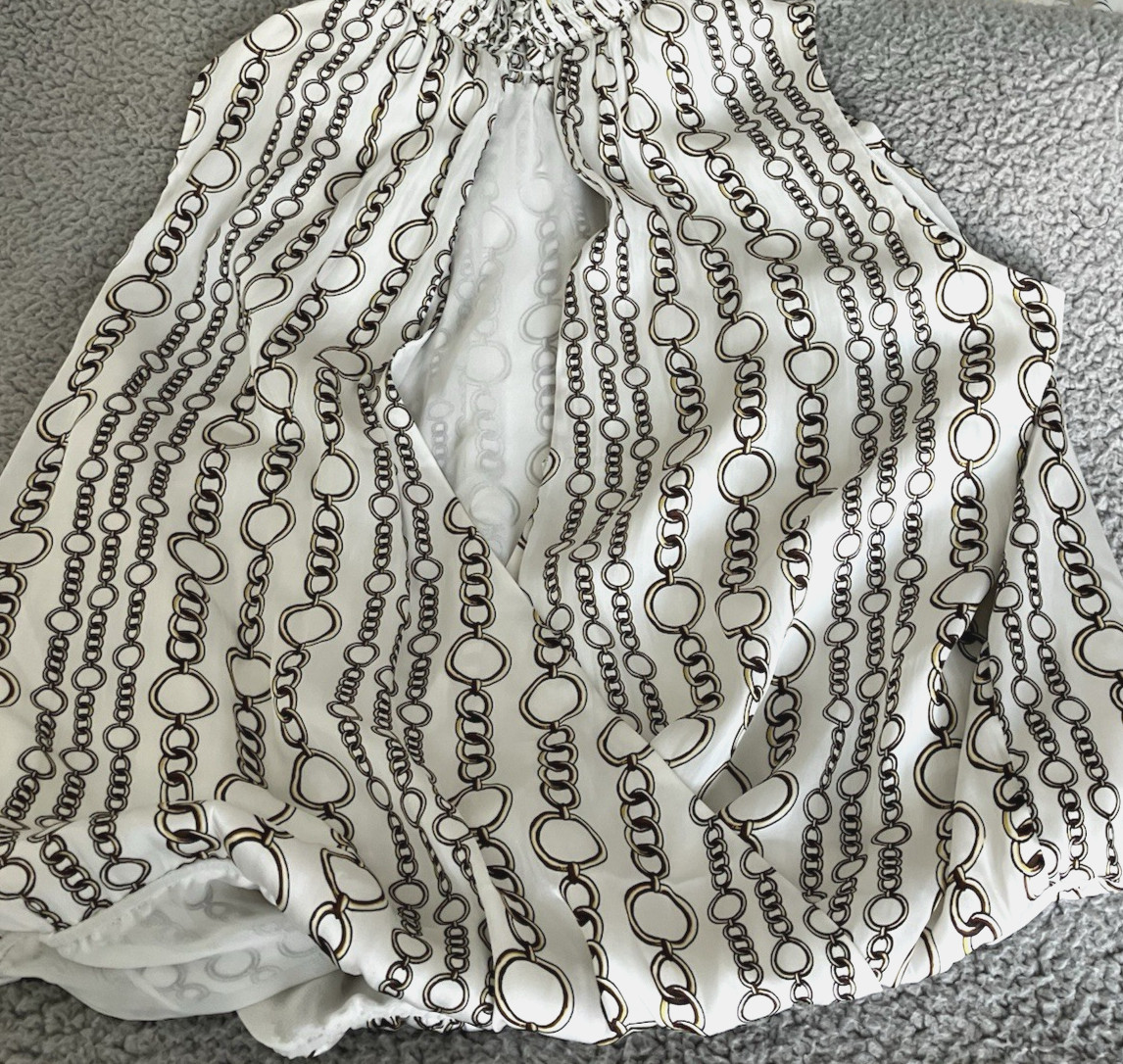 BANANA REPUBLIC Sleeveless High Neck Blouse Womens MEDIUM Chain Print White Gold