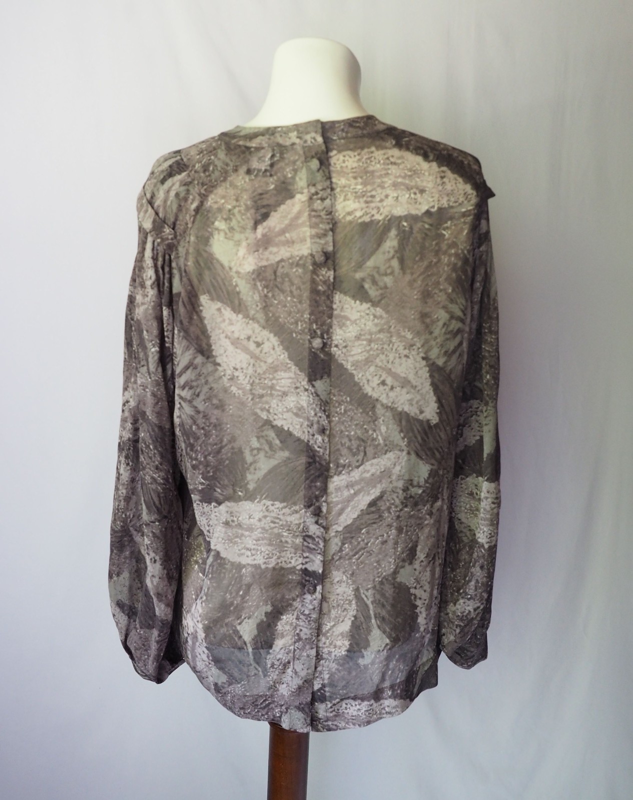 Moda International Sheer Silk Long Sleeve Blouse Button Back Pleated Gray S