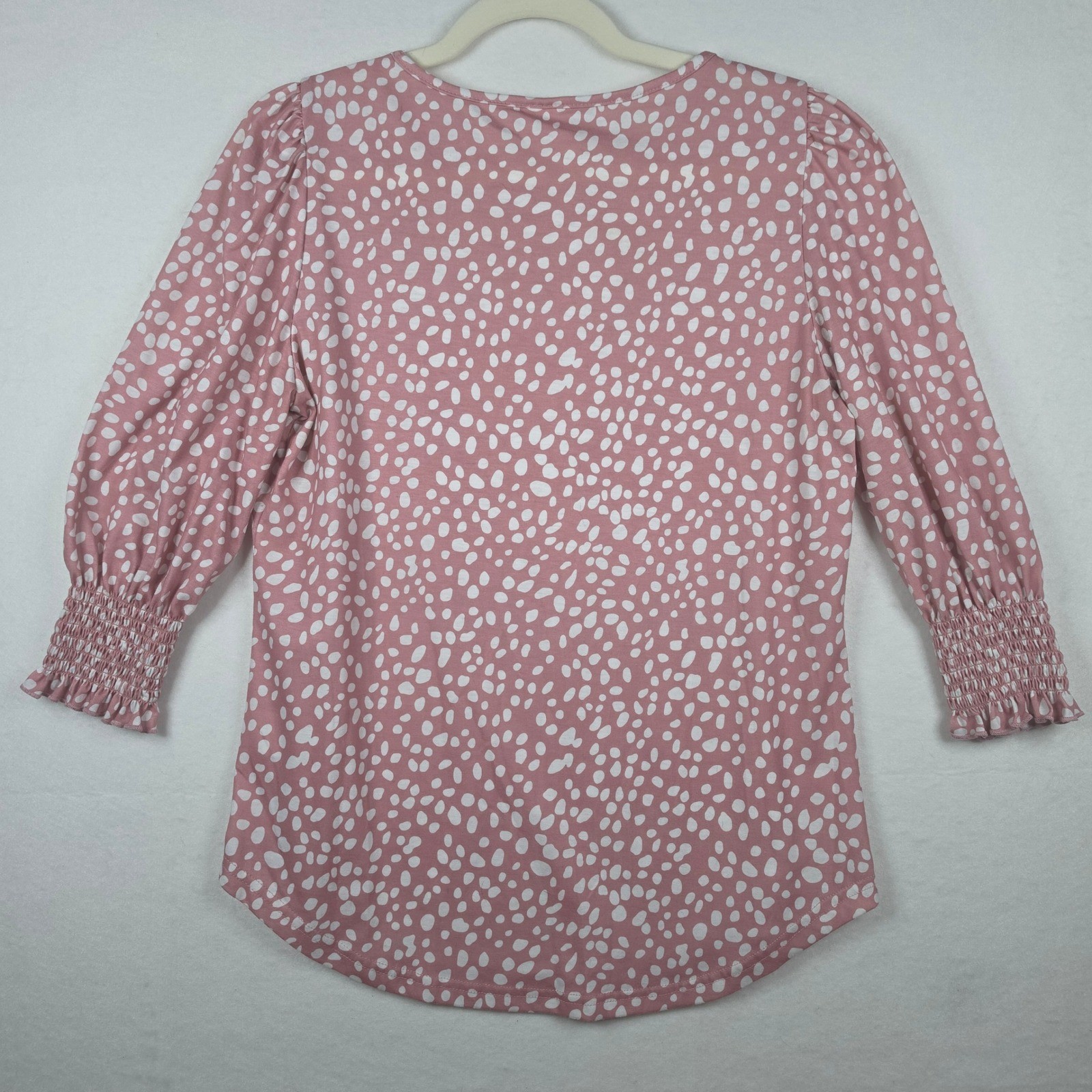 XIEERDUO Polka Dot Blouse Medium Pink White Smocked Cuffs Top