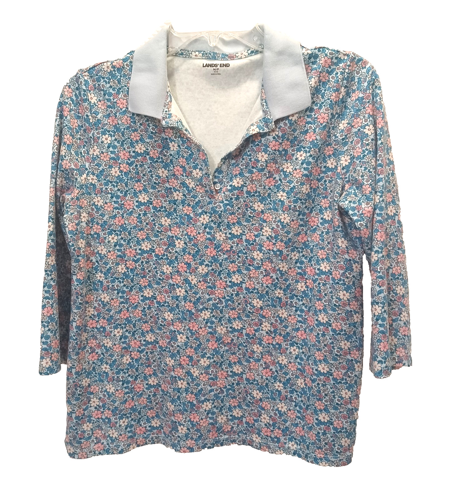 Lands’ End Womens Mp 10-12 Cotton Blue Pink White Floral 3/4 Sleeve Collared Top