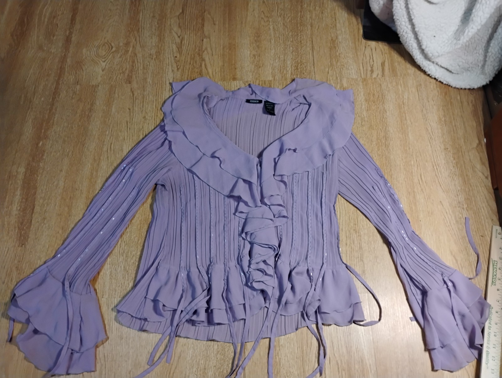 Vintage Y2K Ruffle Pleated Blouse Lavender Purple Lace Size XL