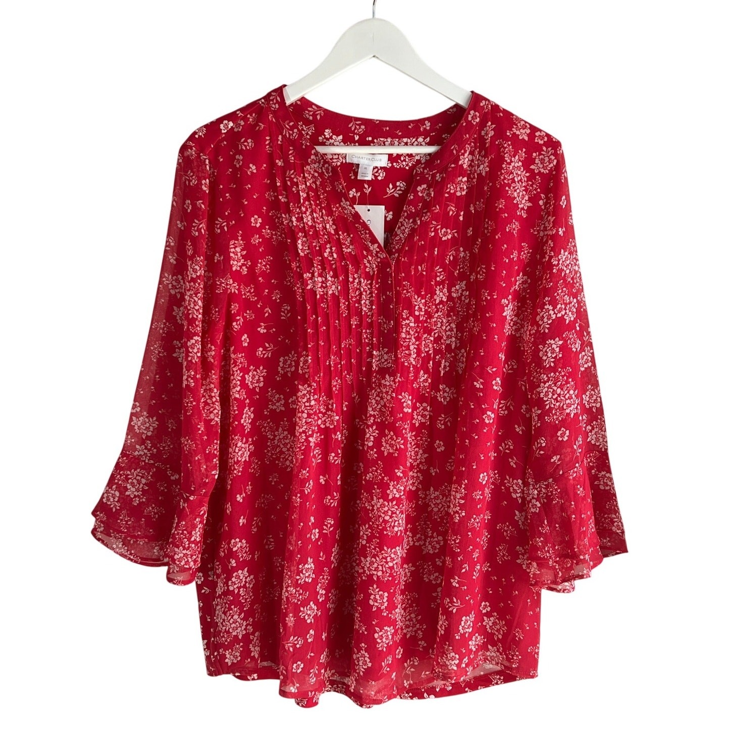CHARTER CLUB TOP WOMENS XLARGE PINTUCK POPOVER FLORAL BLOUSE STRAWBERRY PINK NEW