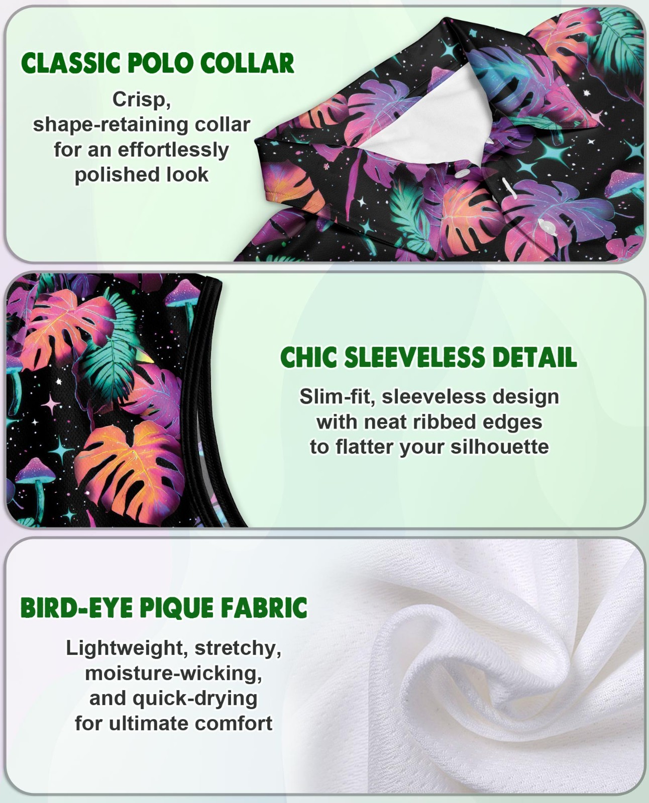 Psychedelic Tropical Women’s Sleeveless Performance Polo Shirt Golf Tennis