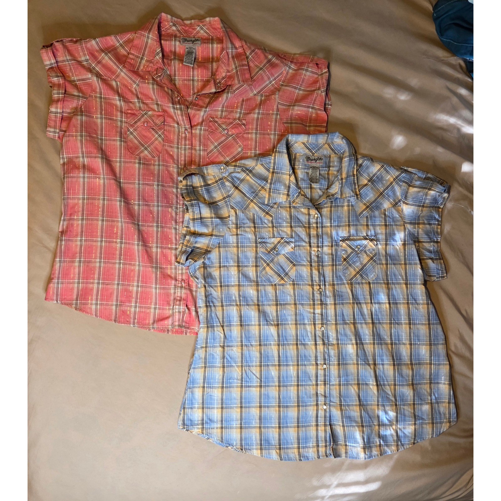 Wrangler Wrancher Western Shirts Lot 2 Pearl Snap Plaid Lurex Pink Blue 3XL