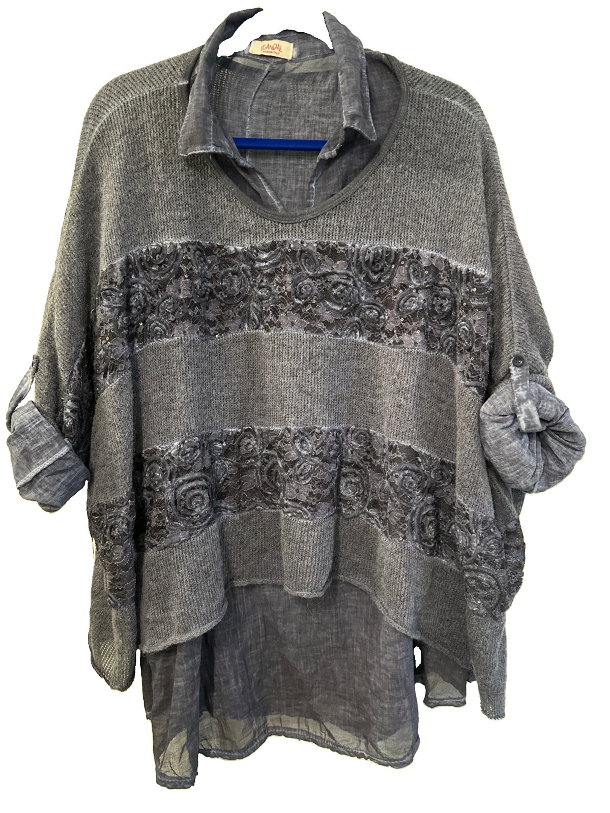 Sandal Made it Italy Dusty Blue 2 Pc Tunic Blouse Knitted L/XL Lagenlook Relaxed
