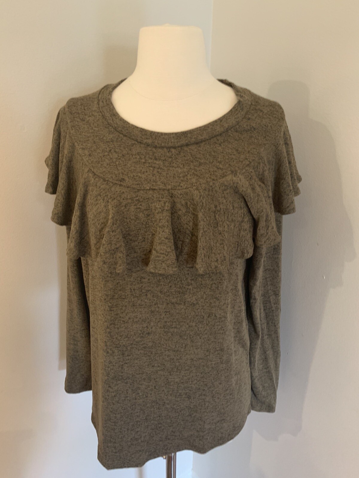 NWOT Cherish Long Sleeve Blouse Sz L Ruffle Shoulder Trim Brown Top Shirt