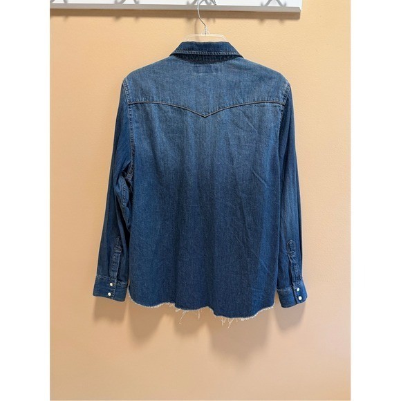 Lucky Brand Denim Western Shirt Snap Button Contrast Stitch Star Embroidery Lg
