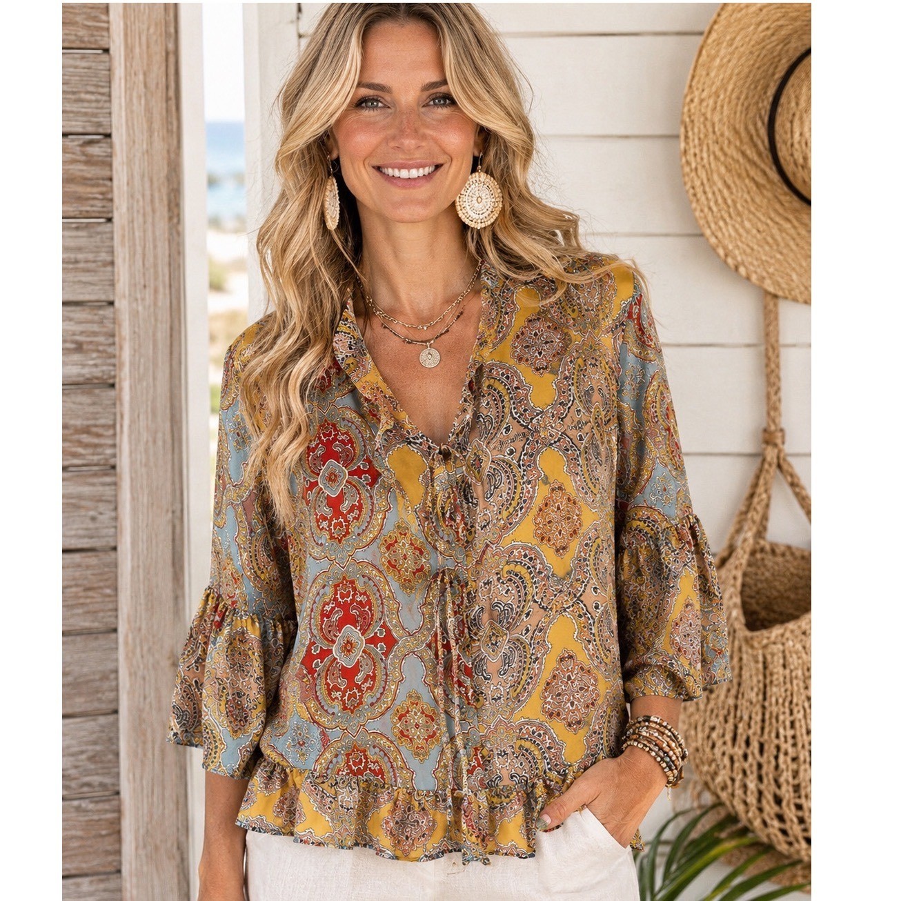 Cato Plus Sportswear Wild Prairie Allure Paisley Blouse 18/20W Boho Bell Sleeve