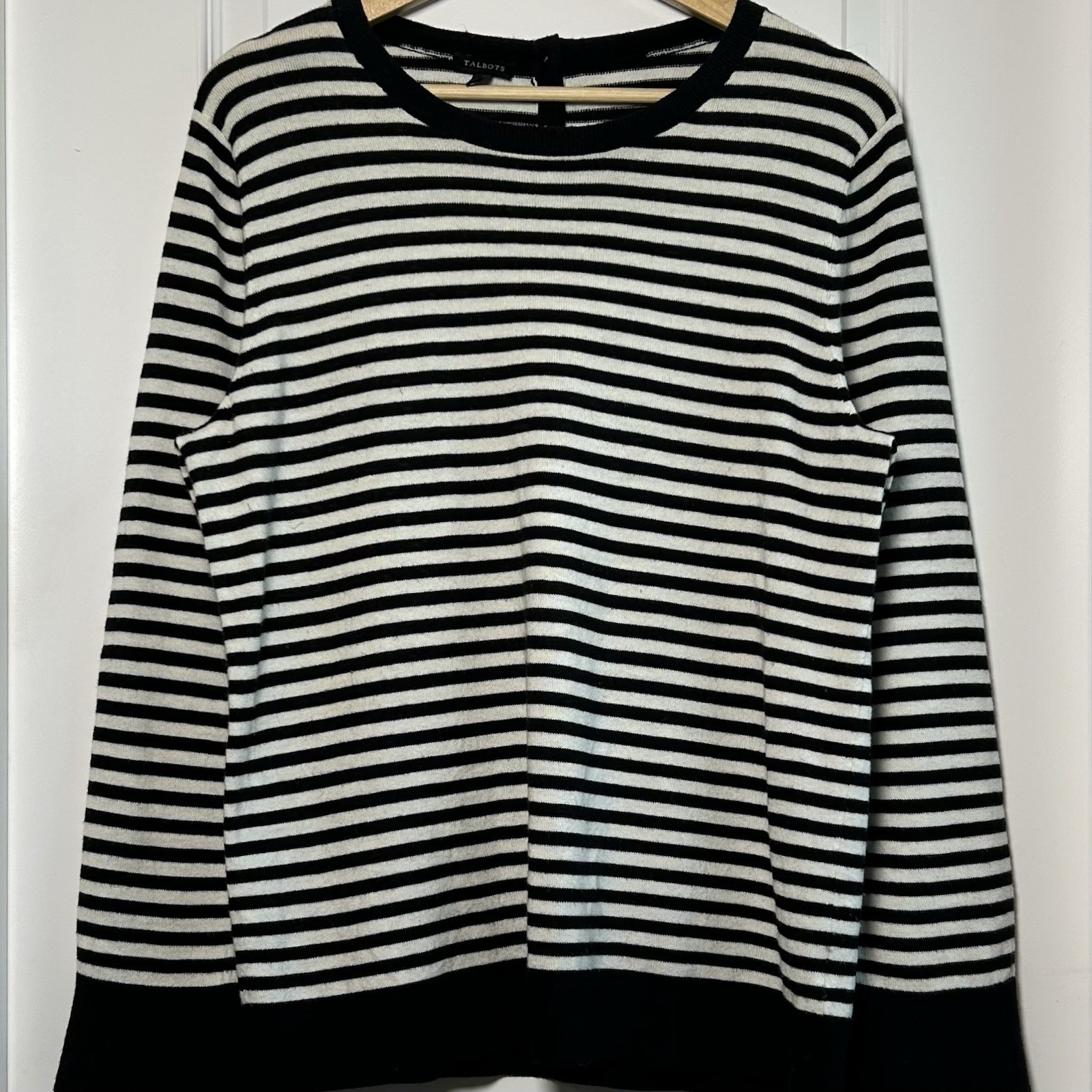 Talbots Black White Stripe Lambswool Blend Back Button Knit Top Old Money Style