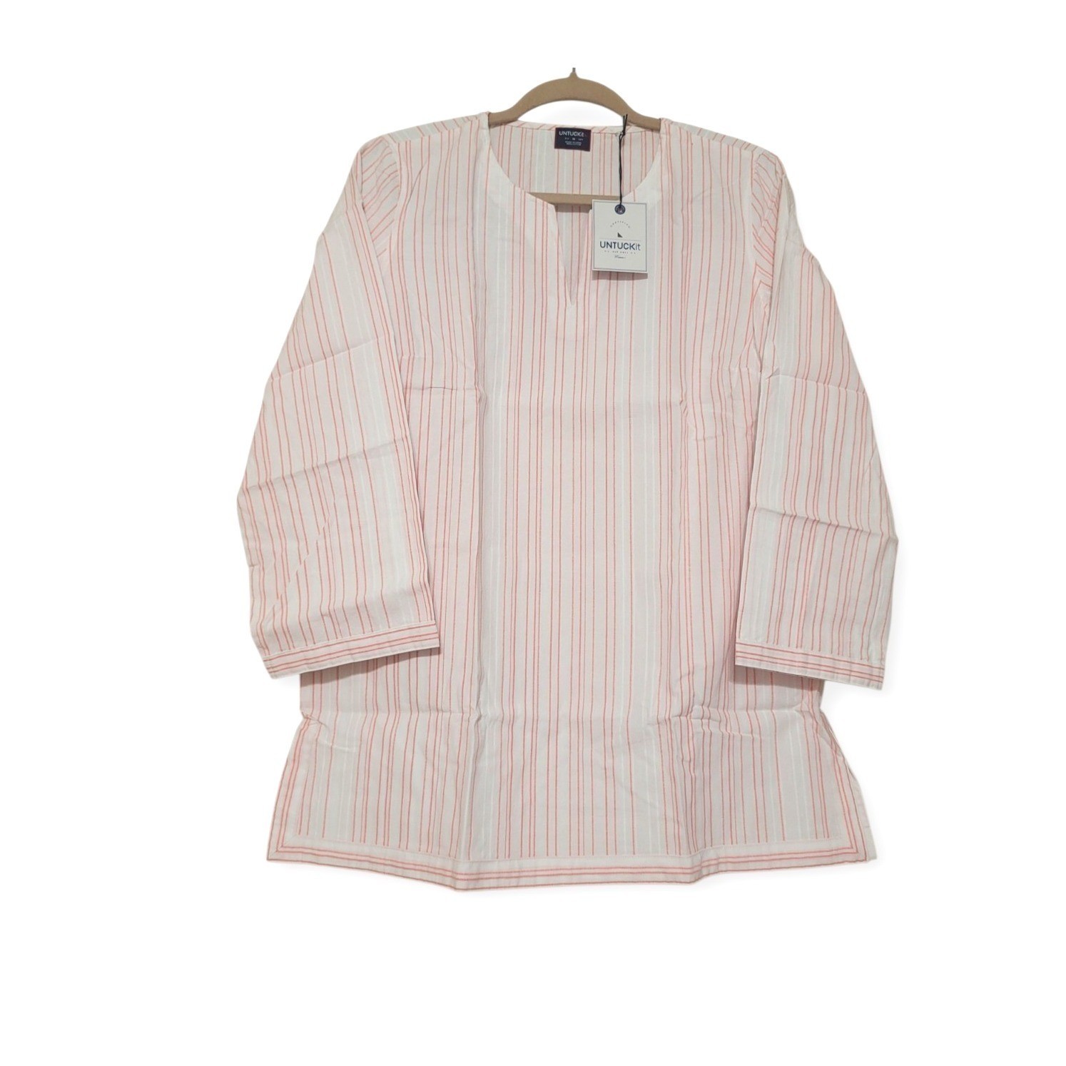 UNTUCKit Durfort Tunic Top Womens 10 White Coral Striped Cotton Split Neck NWT