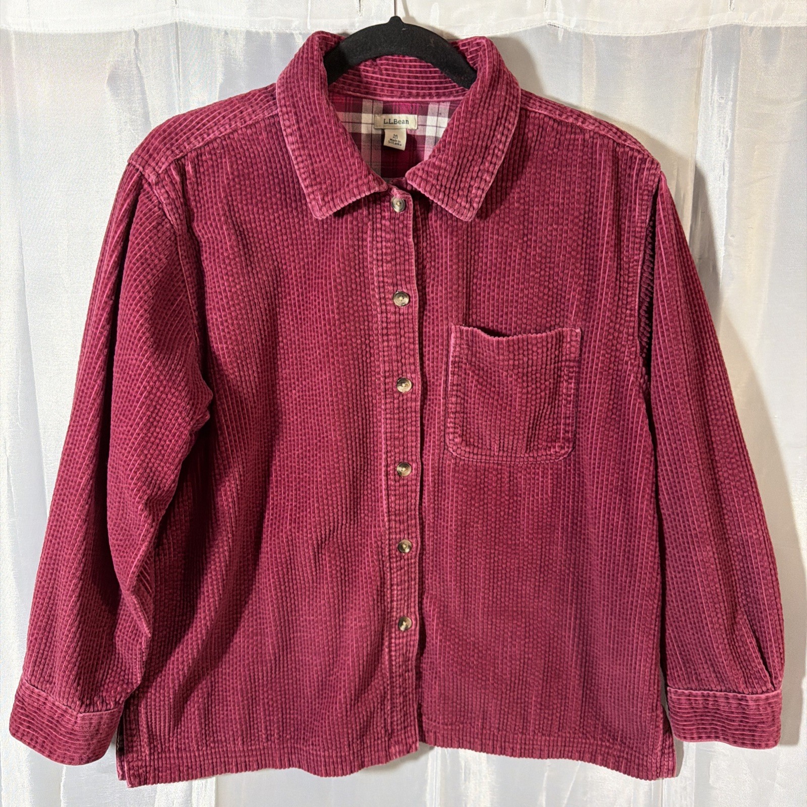 LL BEAN Flannel-Lined Burgundy Corduroy Chore Shirt Jacket PETITE MEDIUM 279408