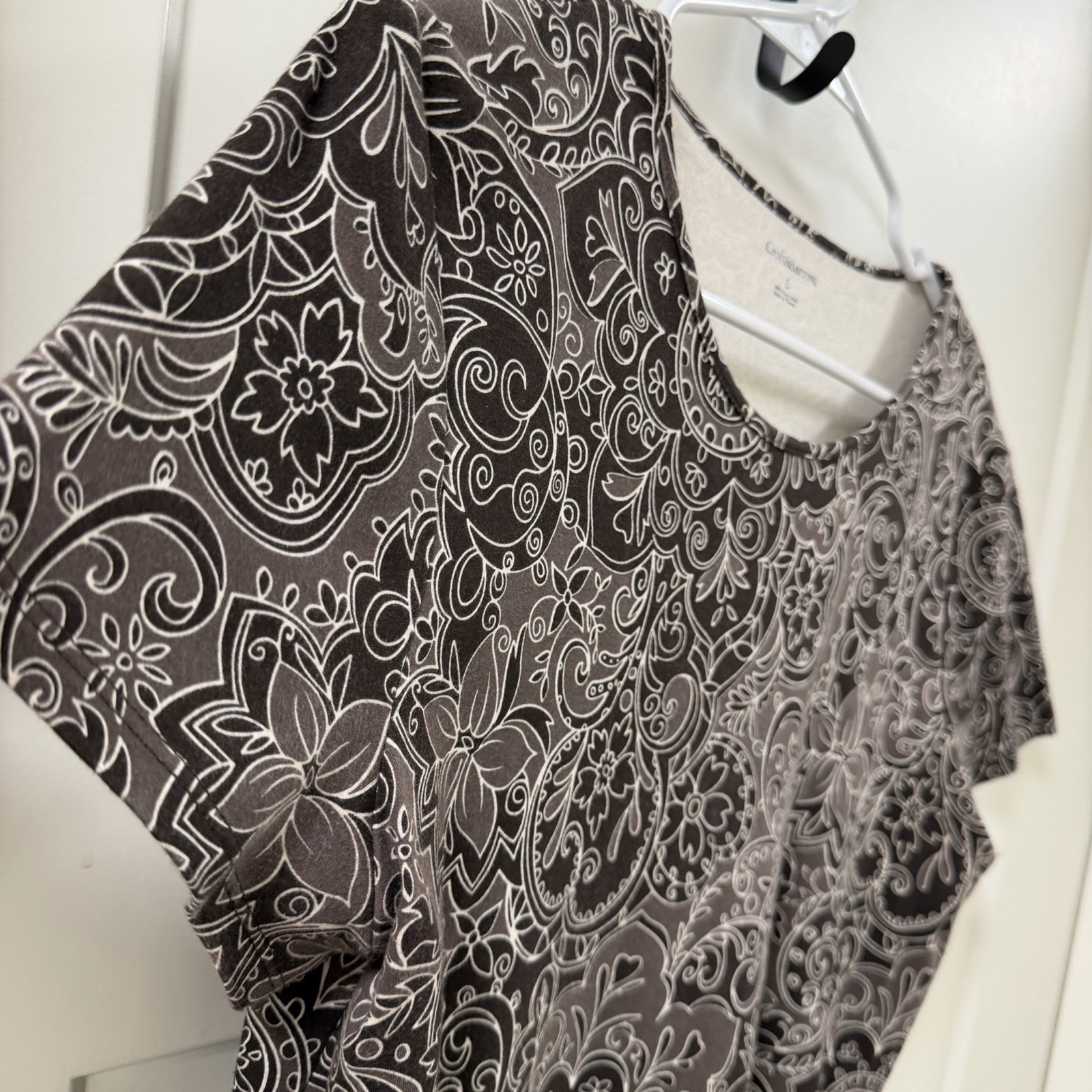 Croft&Barrow Women Brown Paisley Damask Print Short Sleeve 100% Cotton Shirt L
