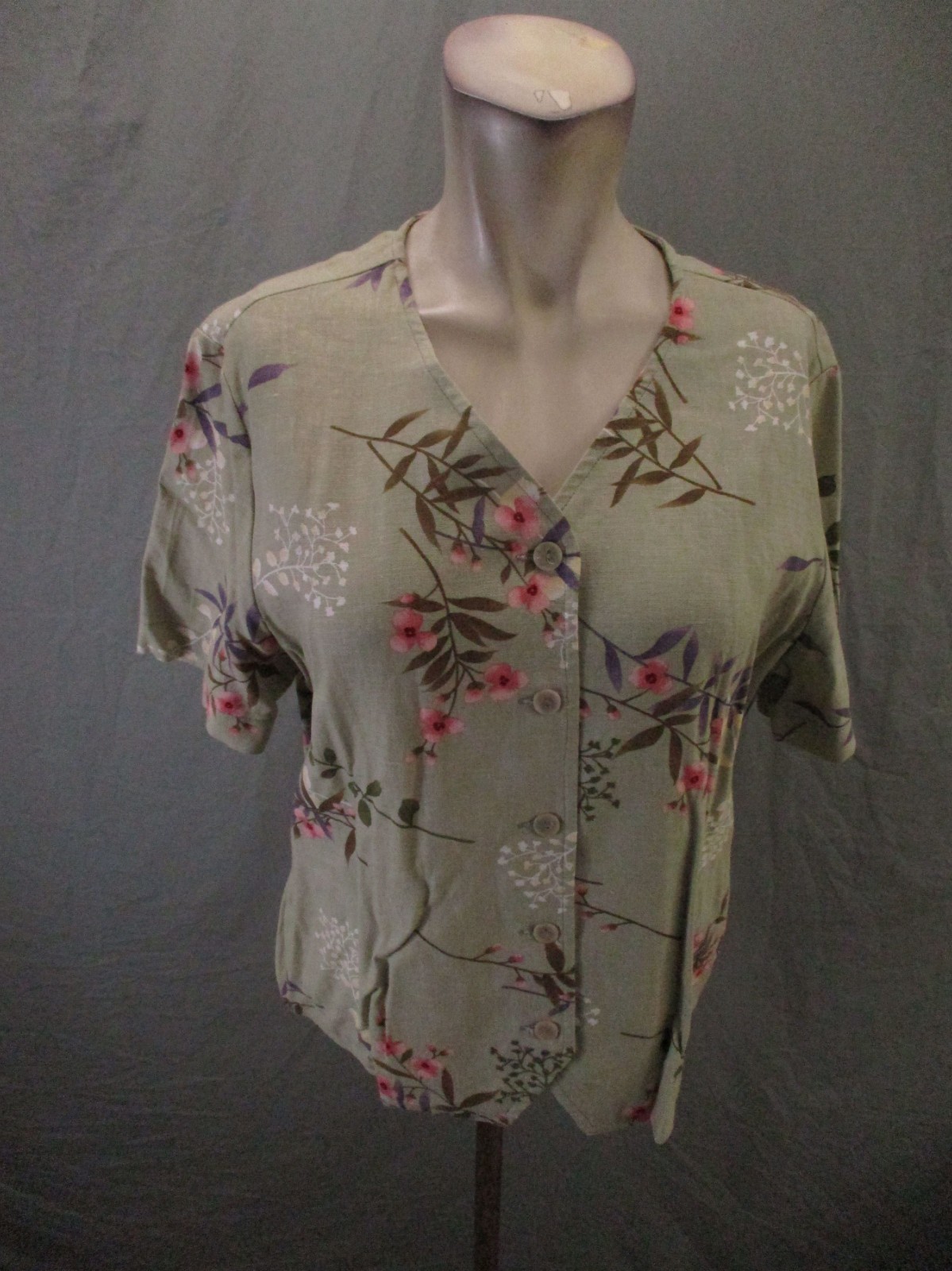 Requirements Size L Womens Multicolor Floral Linen Blend Short Sleeve Top 835