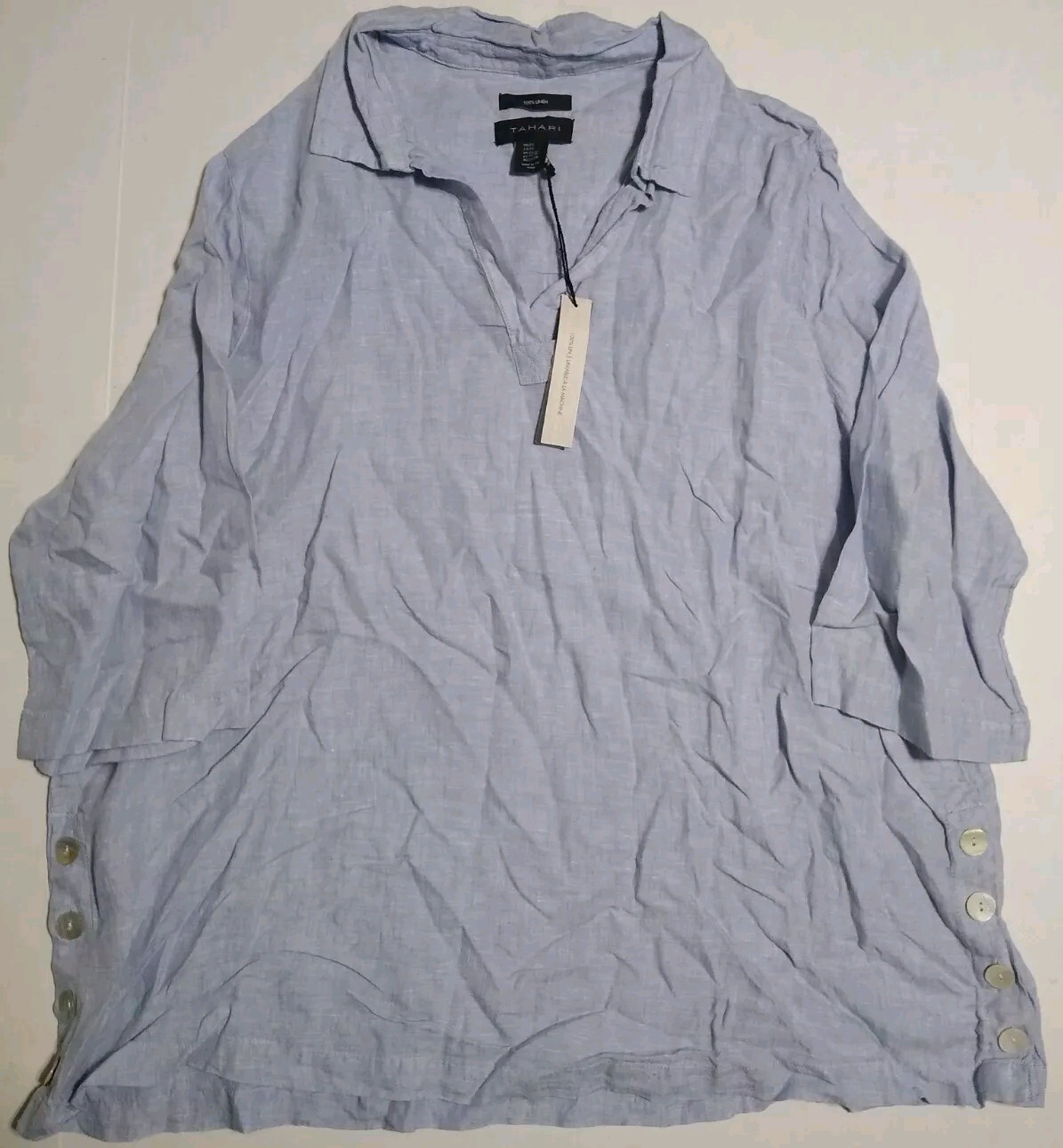 TAHARI Light Blue White Heather 100% Linen 3/4 Sleeve Top Shirt Size 2X NWT