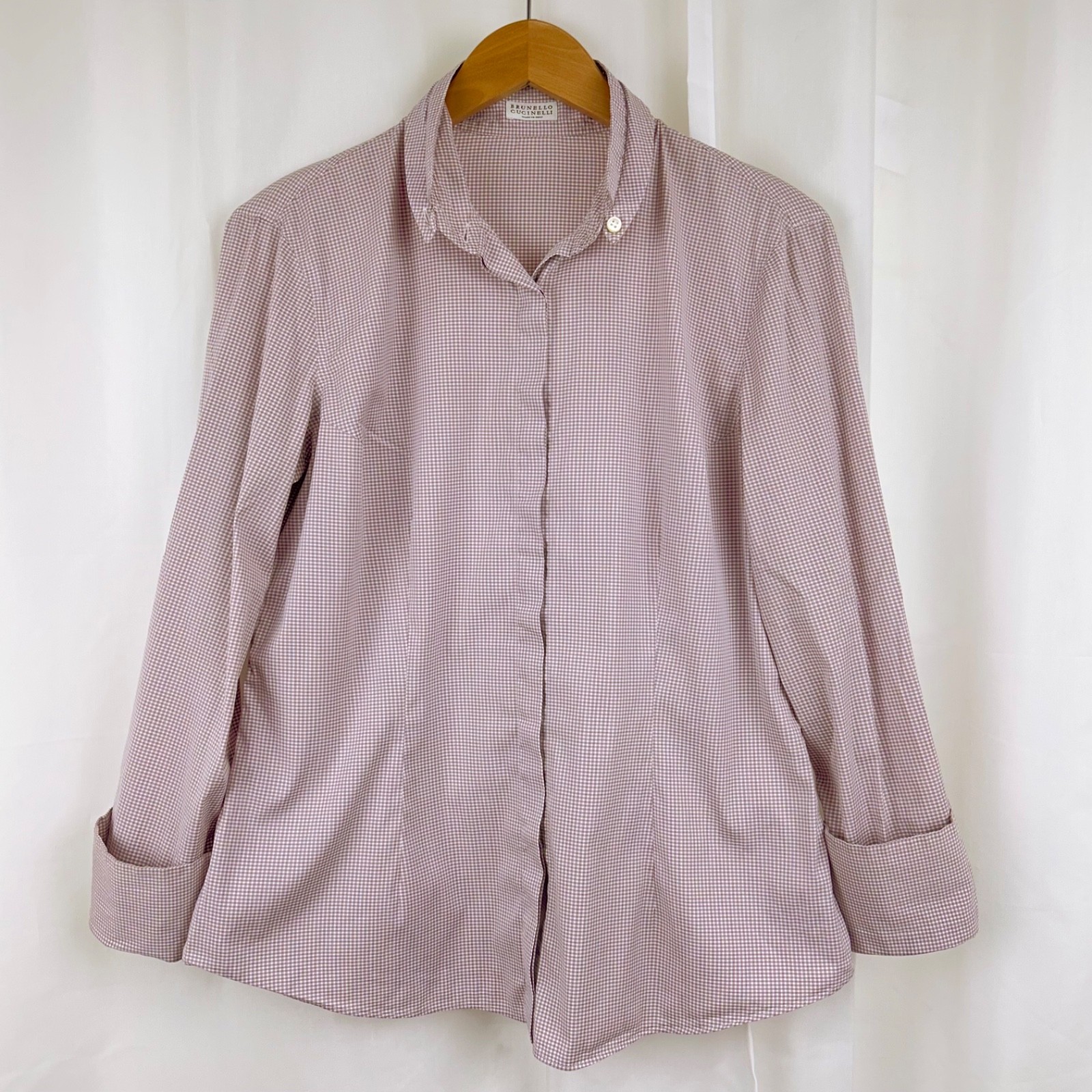 Brunello Cucinelli Slim Fit Shirt Button Detail Collar +Cuffs Mauve Gingham XL