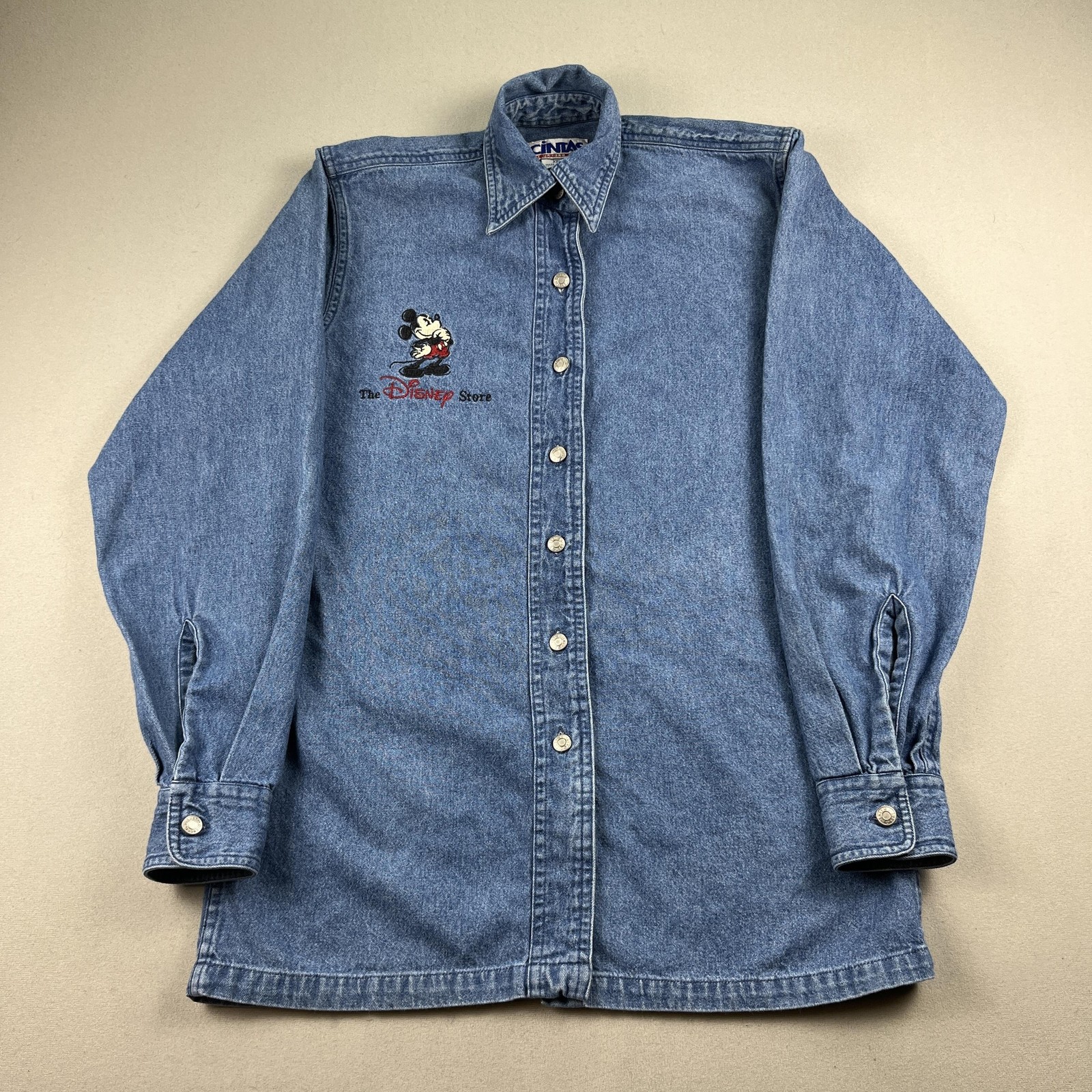 Vintage The Disney Store Shirt Womens XS Blue Denim Mickey Mouse Button Up 90s