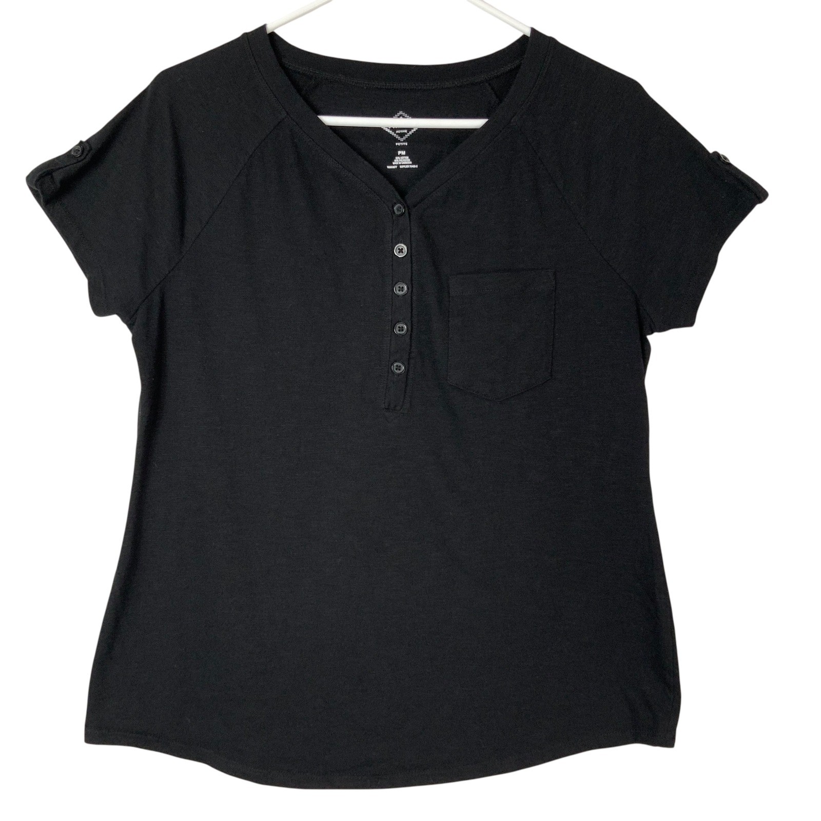 St. John’s Bay Active Black Henley Top PM Button V-Neck Short Button-Tab Sleeve