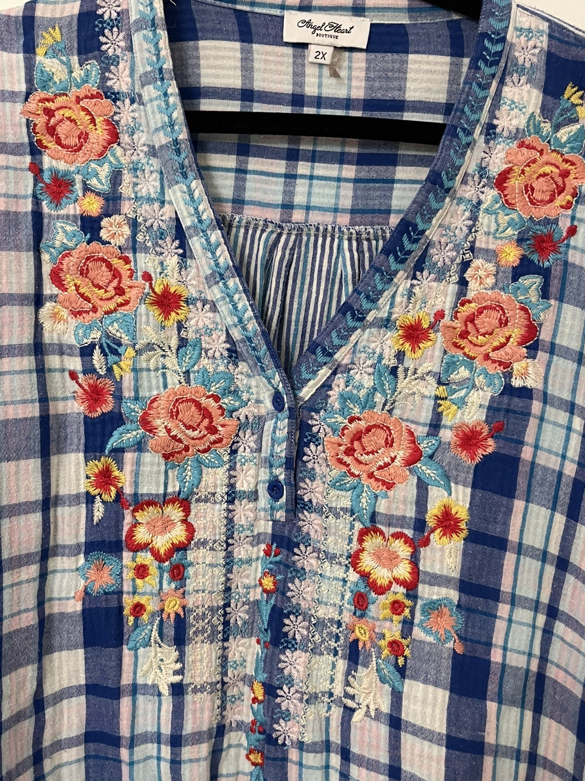 Angel Heart Boutique Embroidered Top Plaid Boho, Vacation Laganlook 2XL