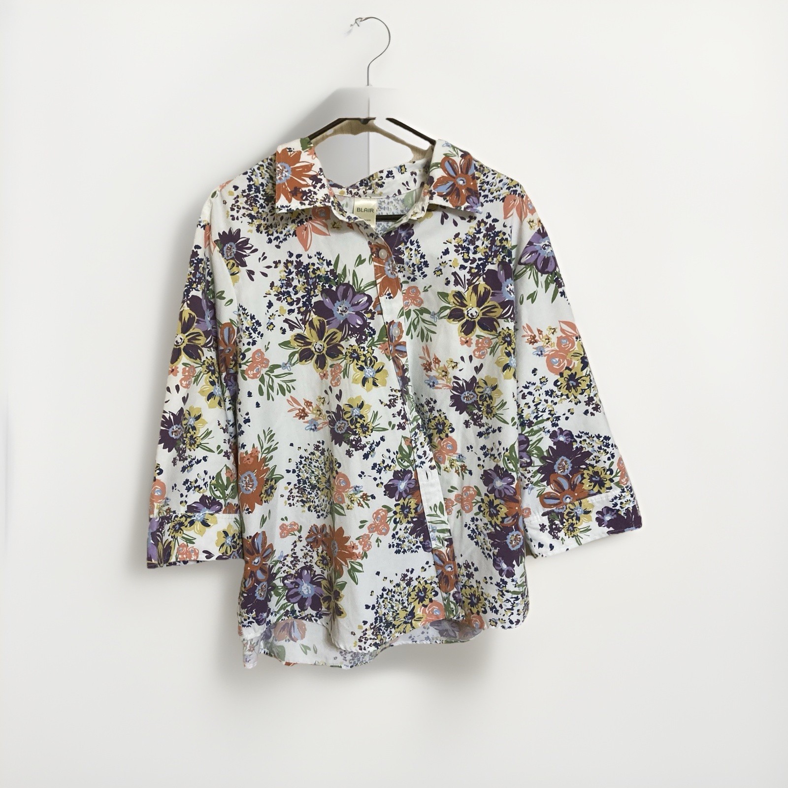 Blair Women’s Floral Button Up Shirt, 3/4 Sleeve, Collared Top, White/Multi