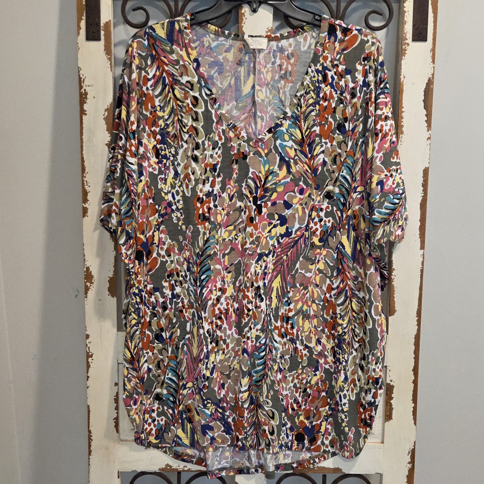 BE Stage Abstract Boutique Floral Boho Print Dolman Sleeve Tunic Top Women’s S