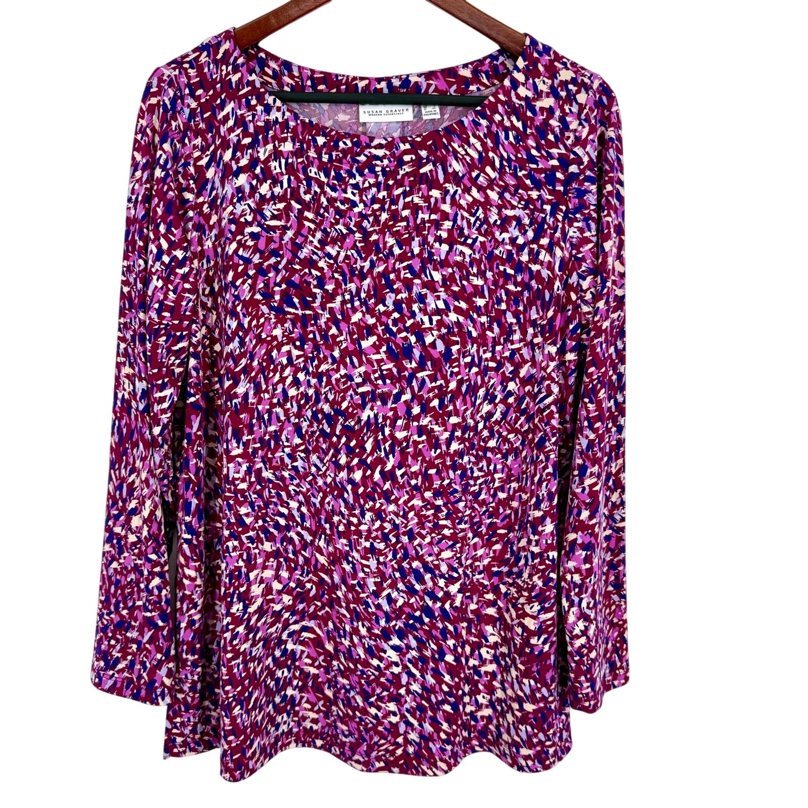 Susan Graver Modern Essentials Sz Large Red/Pink/Blue/White Blouse Shirt Top
