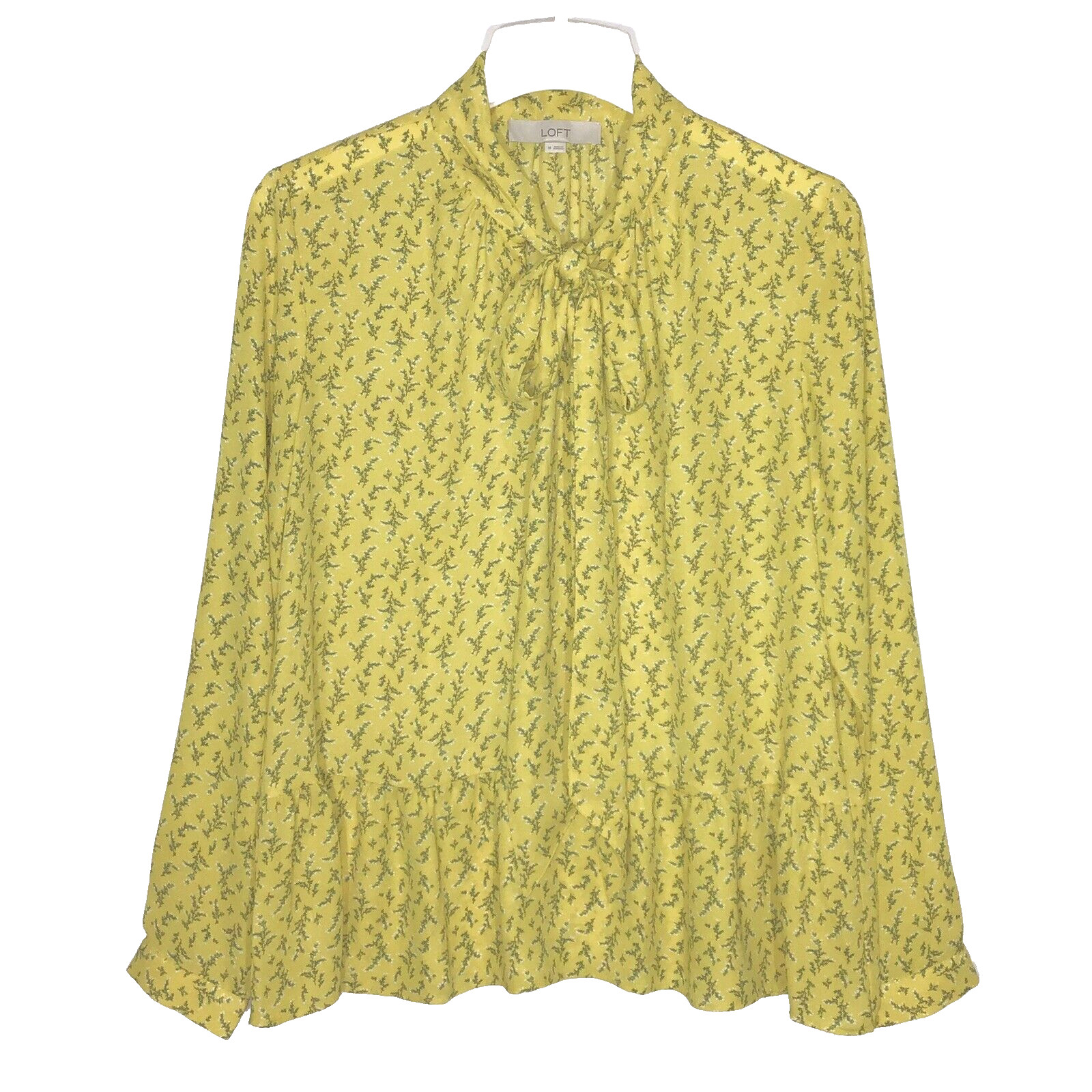 LOFT Womens Top Size M Yellow Floral Tie Neck Peplum Hem Long Sleeve Pullover