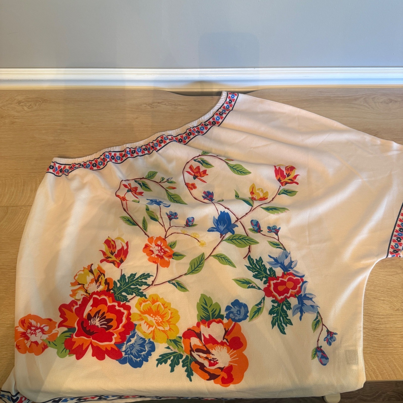 Breathe Floral One Shoulder Poncho Top Cream Multicolor Asymmetric Large