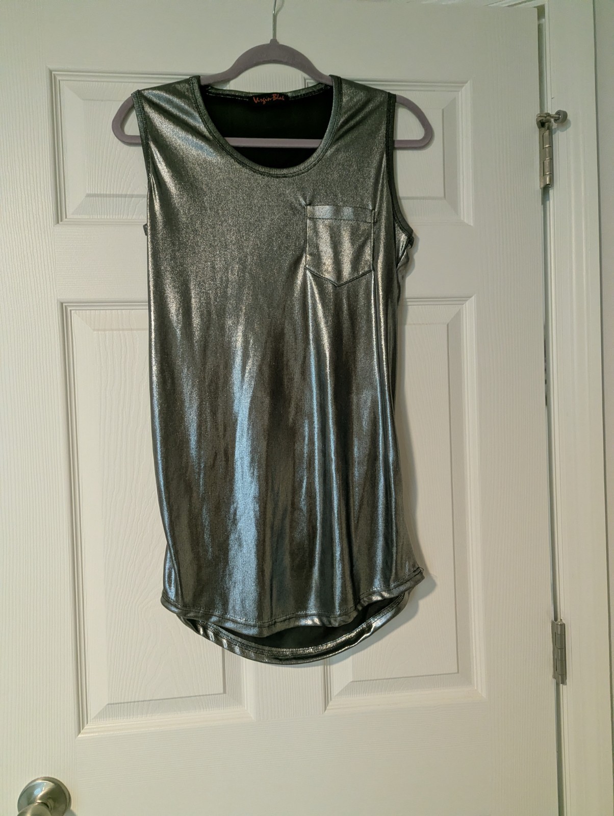 Virgin Blak Metallic Silver Tank Sleeveless Liquid Metal Pocket Longline Shirt