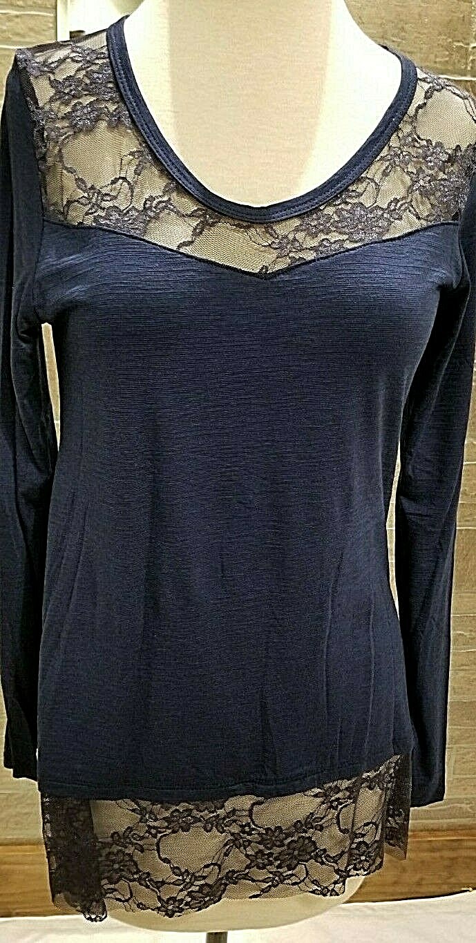 Vocal Long Sleeve Top Womens Large Navy Blue Lace Contrast Solid Pullover New