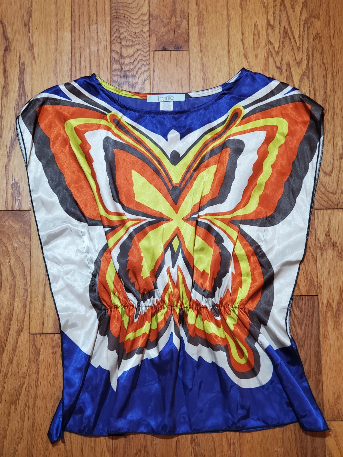 Karlie Women Butterfly Abstract Sleeveless Blouse S Blue Yellow Orange Gray