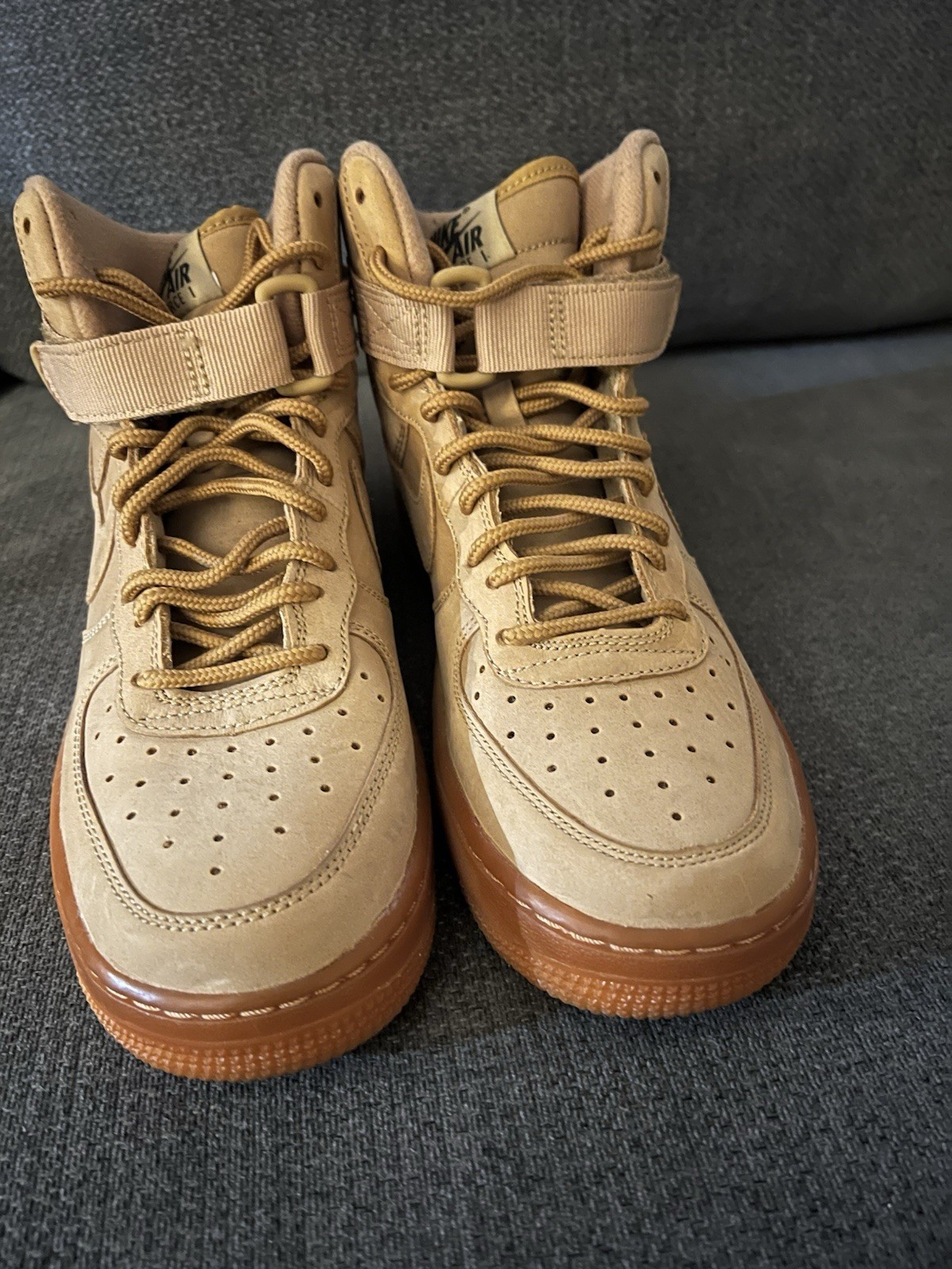 Nike Air Force 1 High Top Leather Sneakers Beige/Brown Gum Sole 6Y