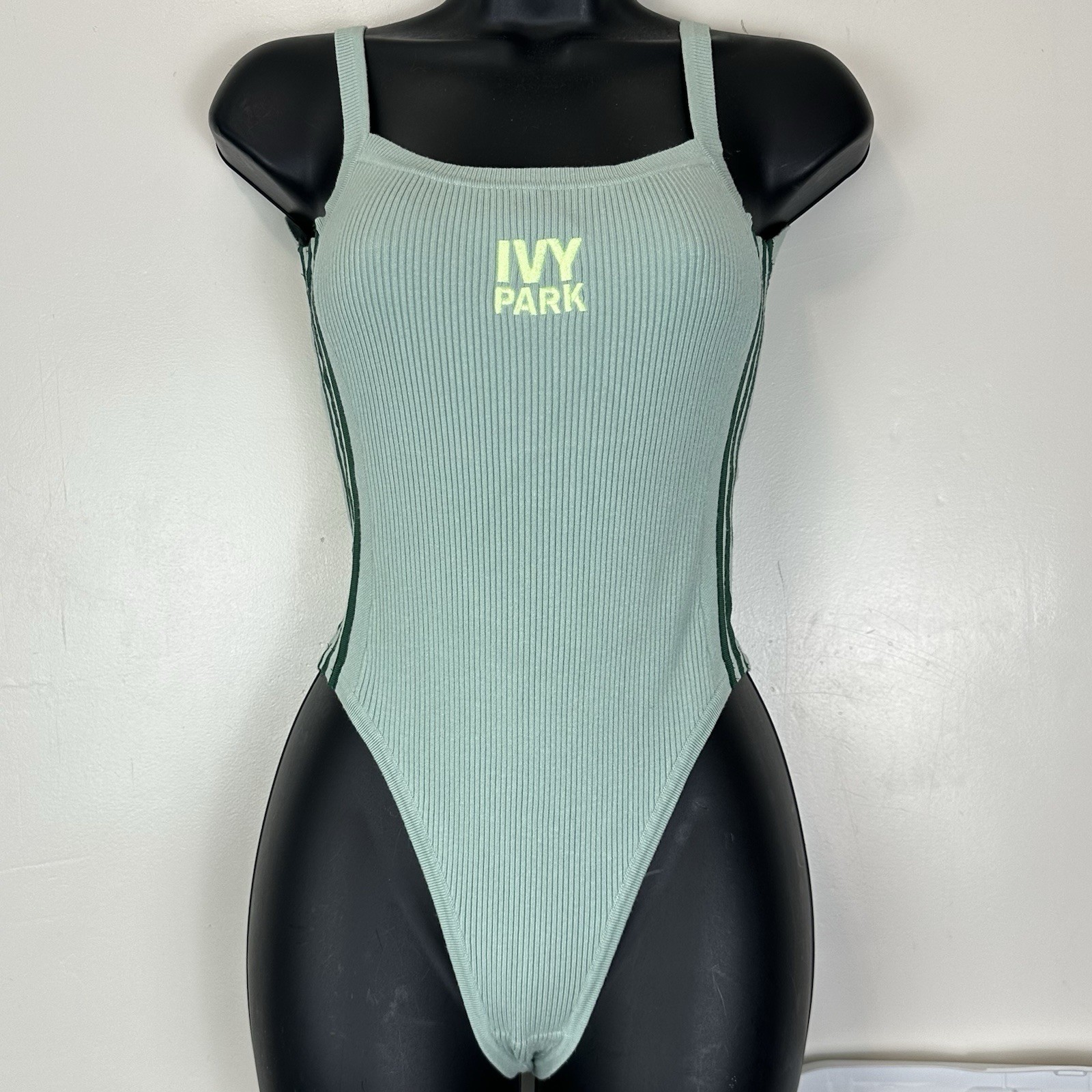 Adidas x Ivy Park Ribbed Bodysuit S Green Tint Neon Logo Y2K Sporty Beyonce Rare