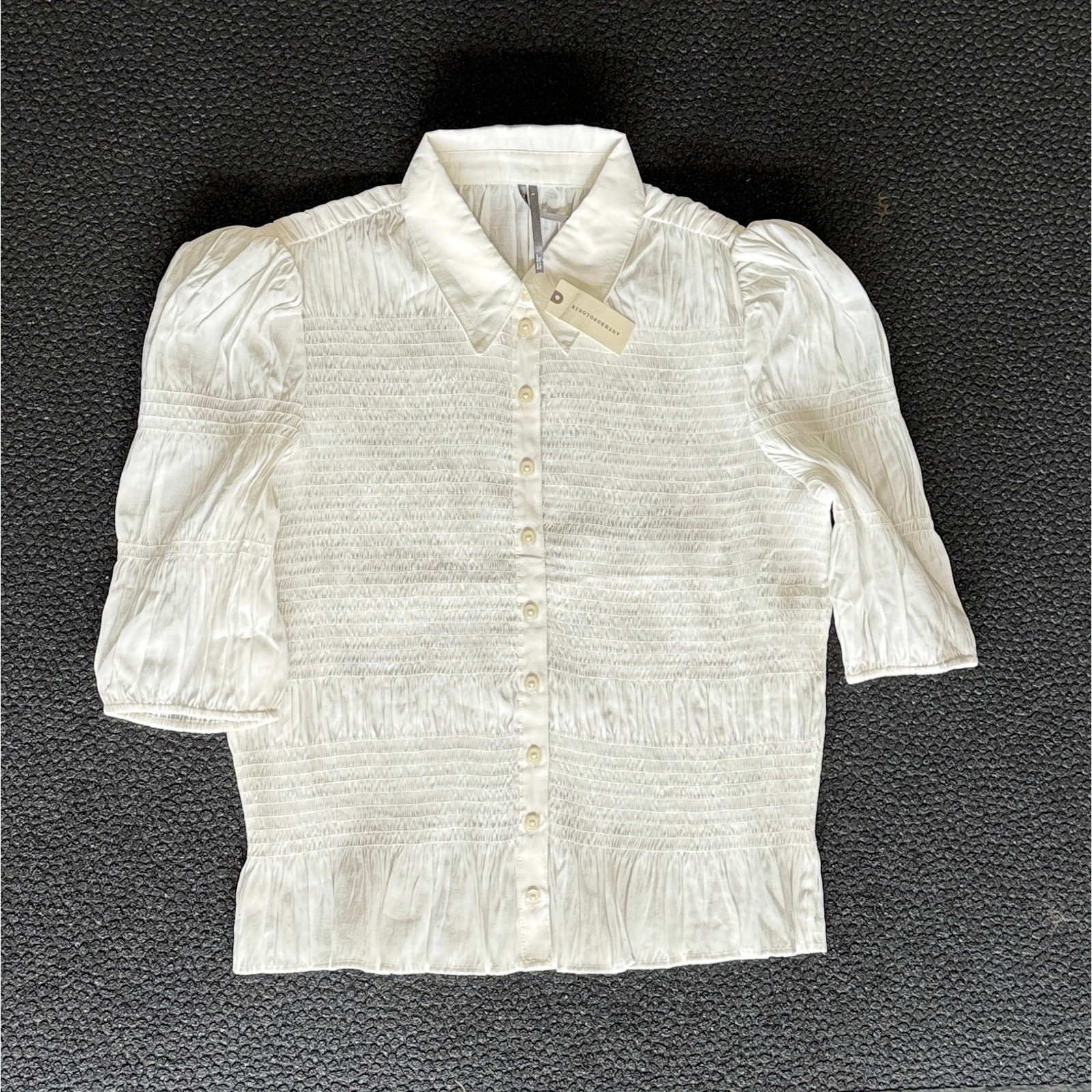 Anthropologie Smocked Puff Sleeve Blouse Womens Large Ivory Ruffle Romantic Boho