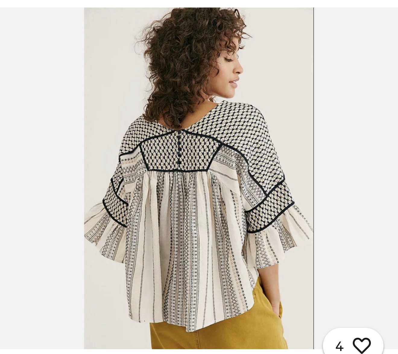 Free People Women’s Geometric Ivory Black Tan Ruffle V-Neck Blouse M