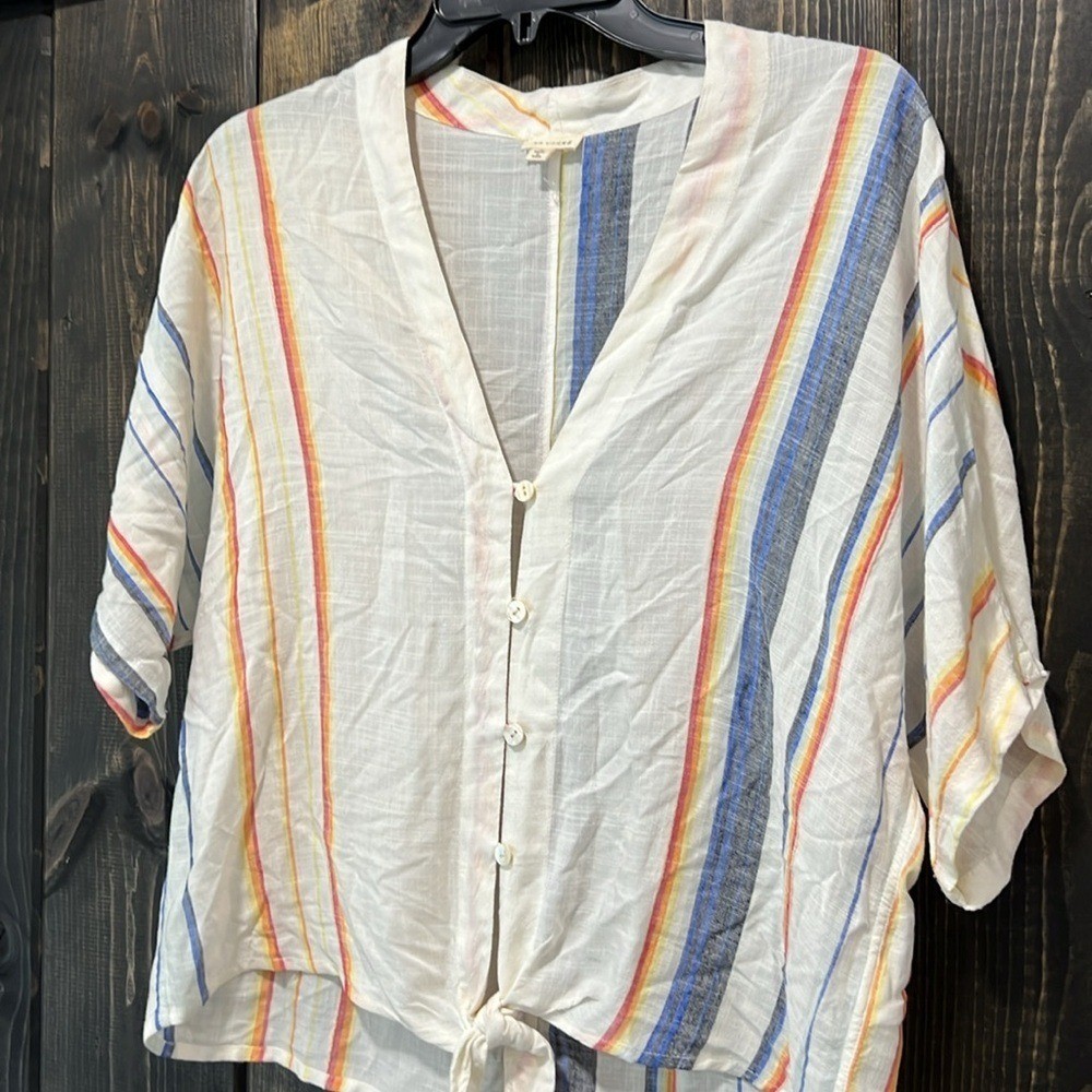 En Creme White Multi Striped Top S Button Up Tie Front Beathable Light Casual