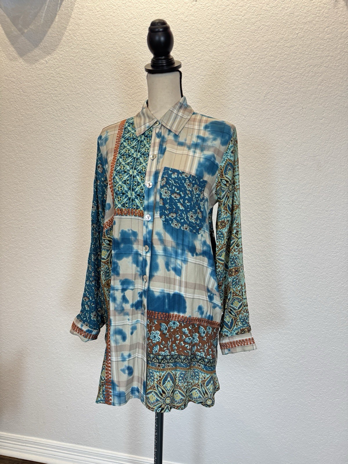 John Mark Size S Tunic Floral Multicolor Roll-Tab Sleeve Plaid NWT $129