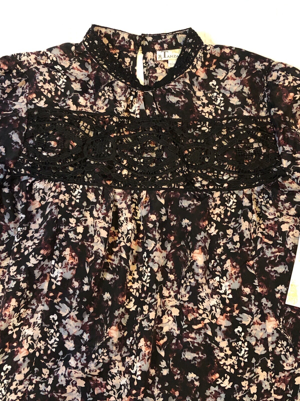 TANZARA – Women’s Large – NEW – Black Pink Floral Lace Panel Blouse – MSRP $43