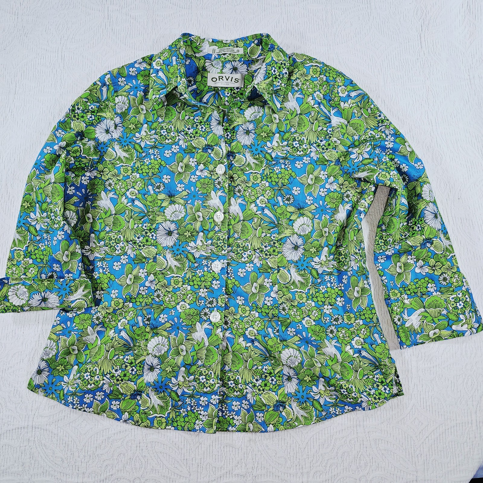 ORIVS Wrinkle Resistant Cotton Shirt Blouse Green Aqua & White Floral Nature 14