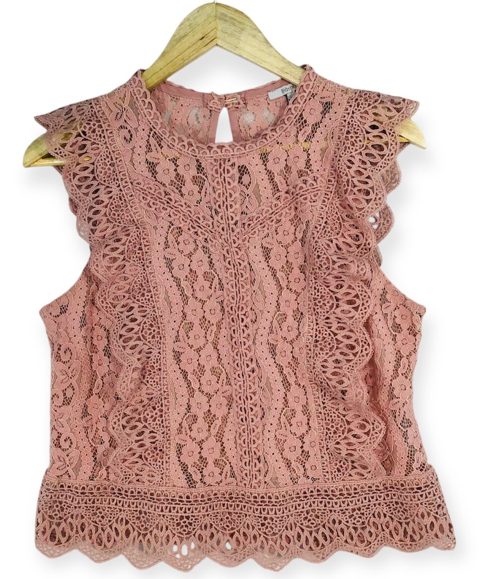 Blashe Pink Mauve Lace Ruffle Top Romantic Barbie Core Women’s Large Sheer