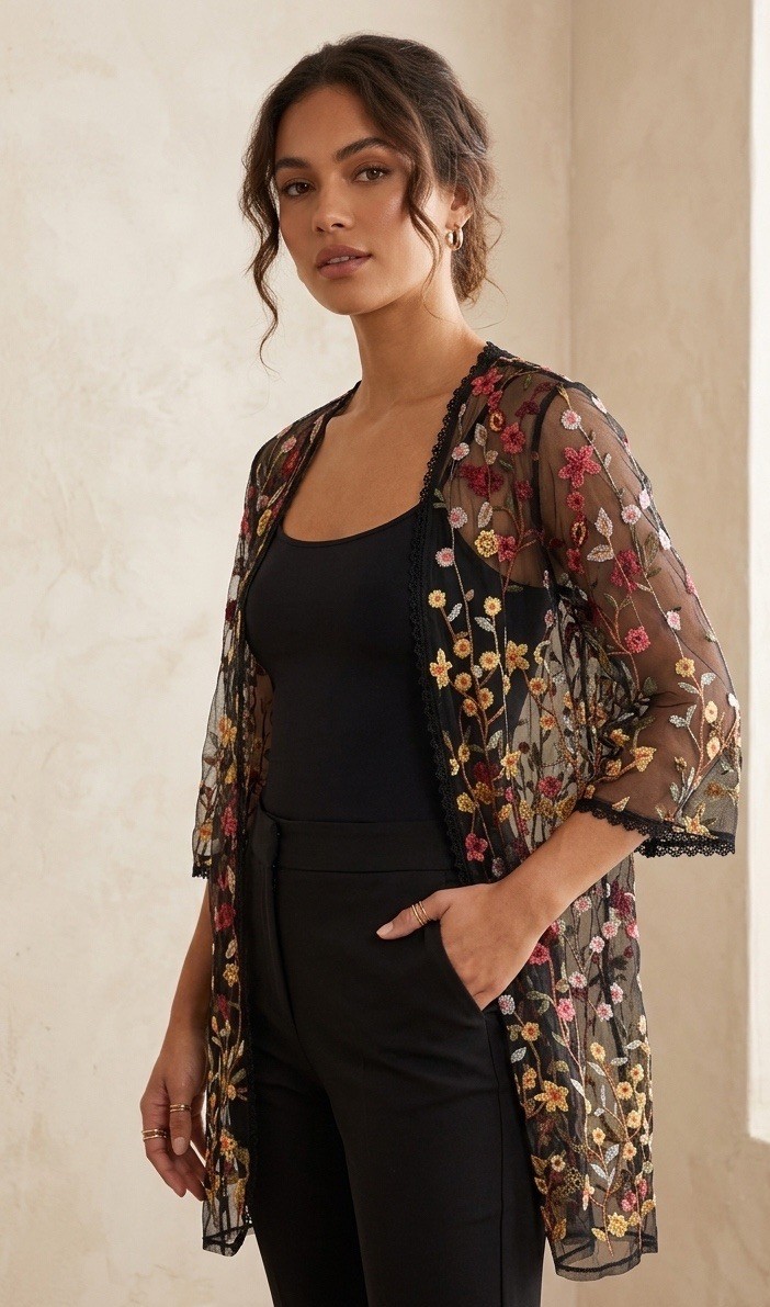 Kimono Sz M Boho Chic Romantic Embroidered Floral Duster Lightweight Western
