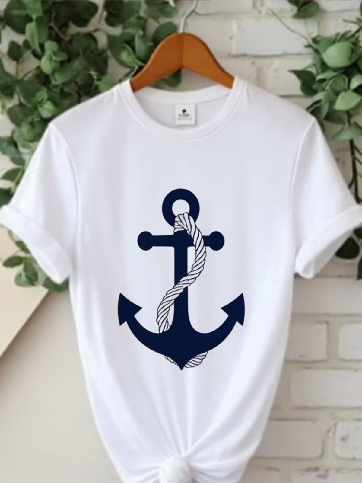 Women Anchor Graphic T-Shirt Nautical Print Casual Summer Crew Neck White Tee