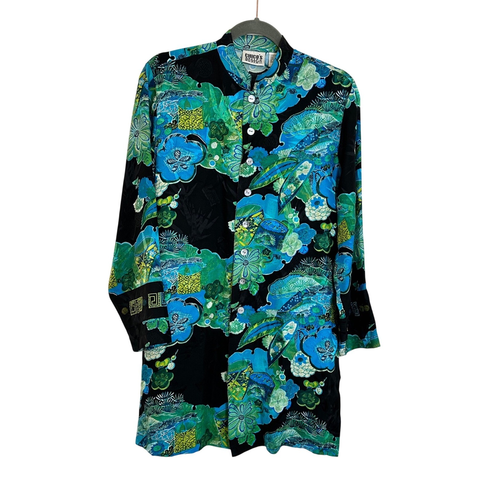 Chico’s Design Silk Tunic Top Size 0 US S Blue Green Floral Beaded Asian Motif