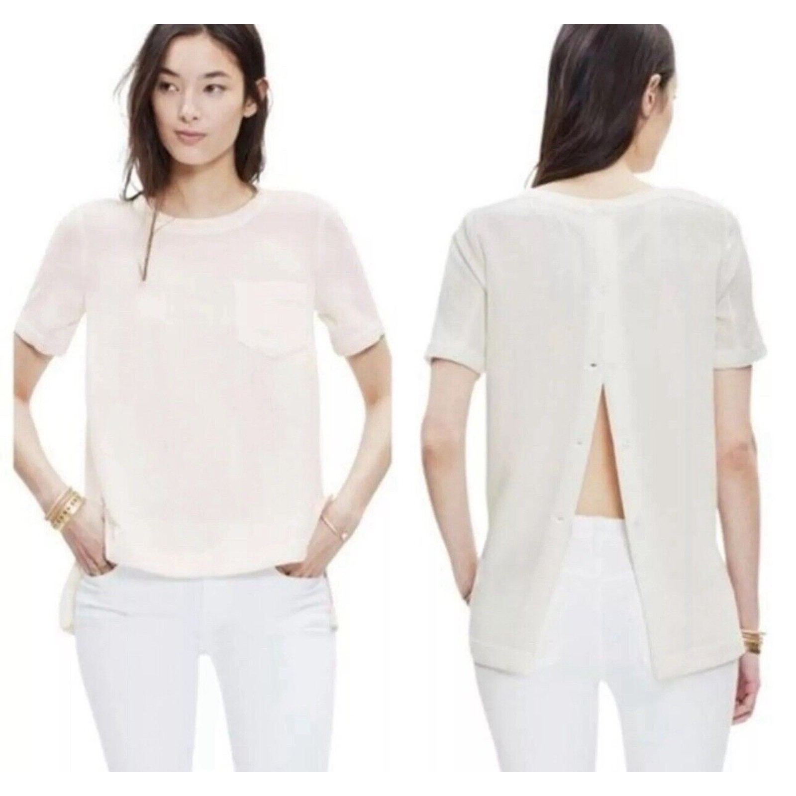 Madewell Industry Blouse Womens M Cream Silk Trim Button Back Short Sleeve